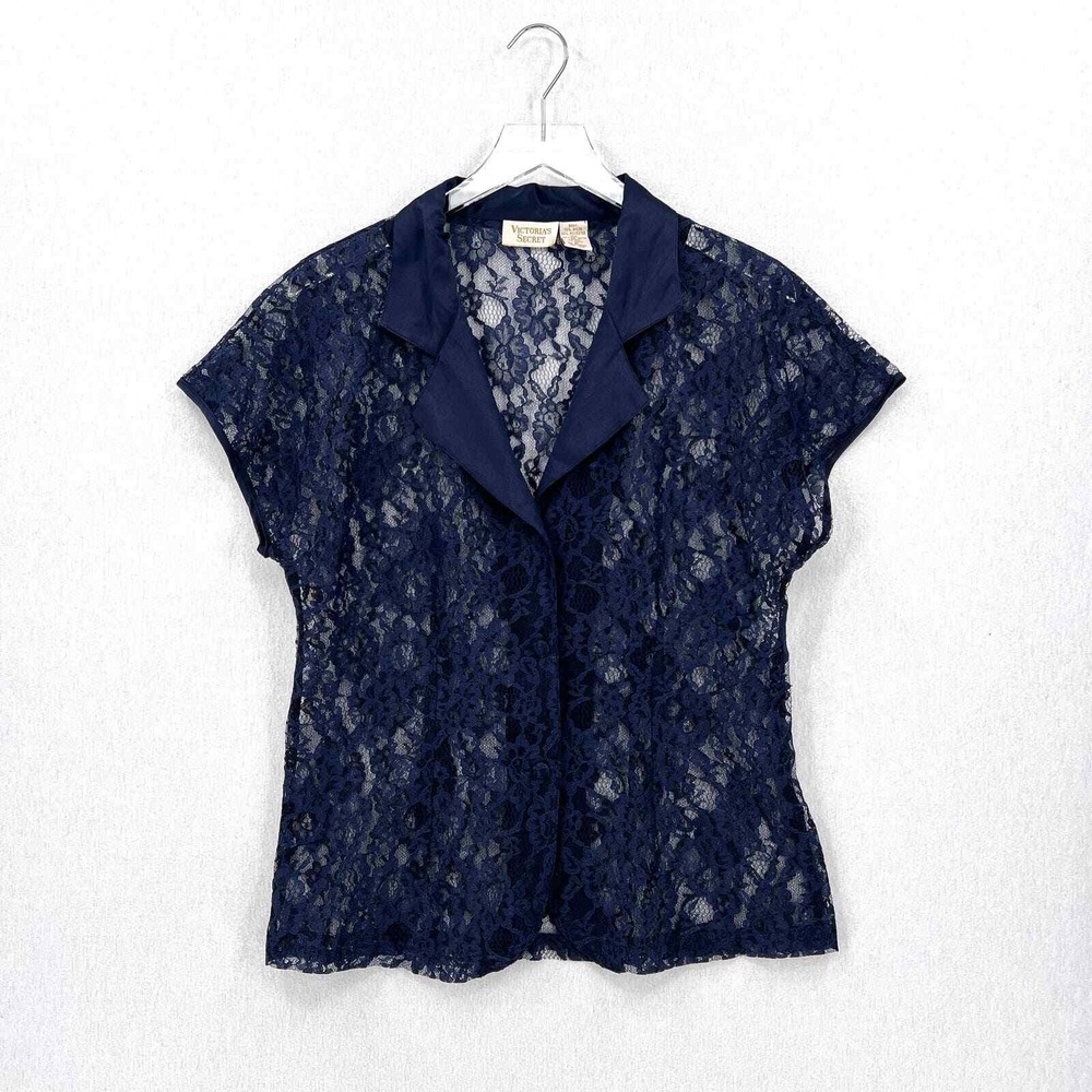 VICTORIAS SECRET Lace Button Up Top Medium Blue Vintage Gold Label Short Sleeve - Picture 3 of 14
